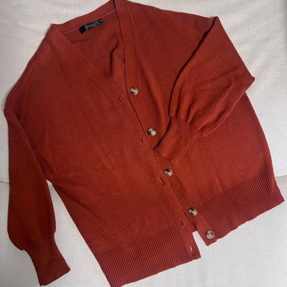 ZESICA Women’s Rust Orange Knit Button-Up Cardigan Sweater – Soft V-Nec